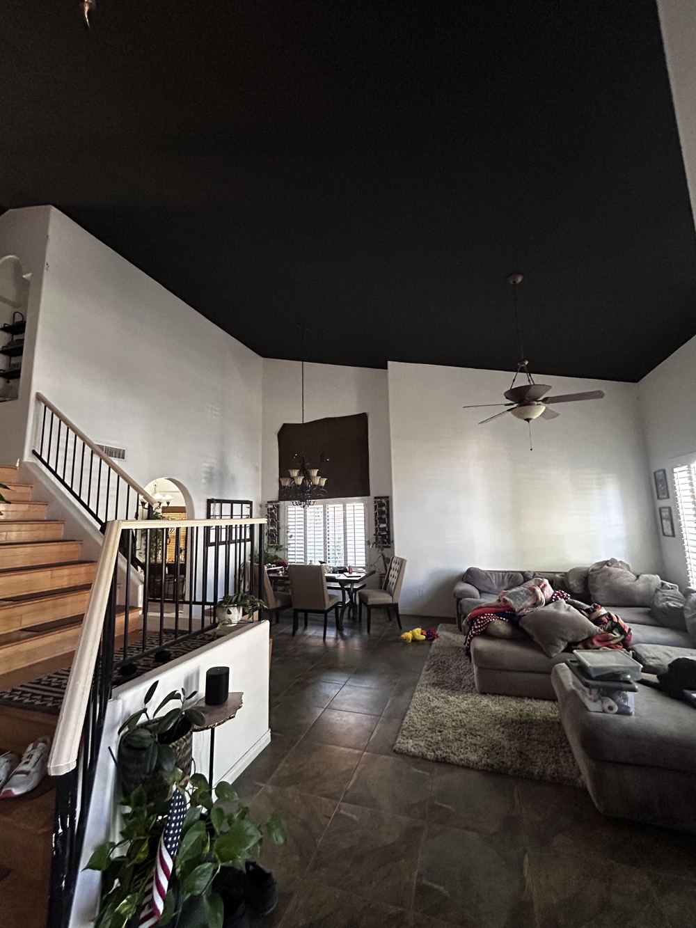 Living room with black painted vaulted ceiling